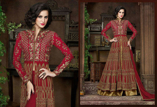 Ladies Wedding Gown - Georgette Fabric, Full Sleeves, Red Color, Beautifully Embroidered Designs - Perfect for Any Occasion