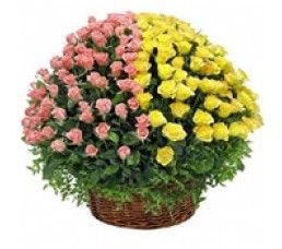 Pink And Yellow Roses Basket