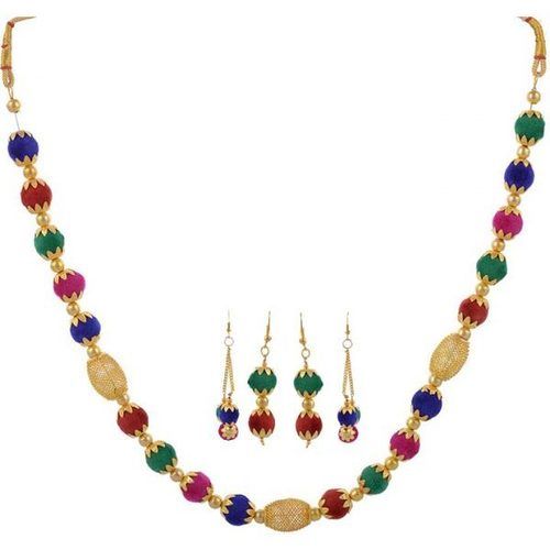 Gold Plated Multi Colour Velvet Ball Necklace Set