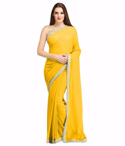 Yellow Georgette Lace Work Saree