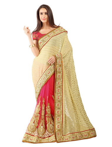 क्रीम विस्कोस जैक्वार्ड हाफ एंड हाफ साड़ी