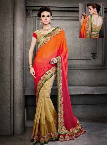 Orange Satin Wedding Saree