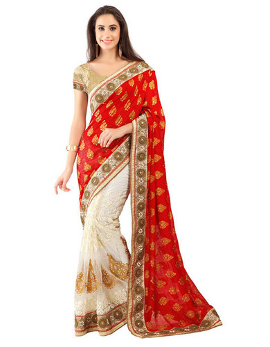 राउंड ब्रिलियंट कट रेड बनारसी जैक्वार्ड हाफ एंड हाफ साड़ी