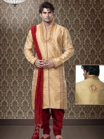 Exclusive Beige Maroon Dupion Art Silk Kurta Pajama