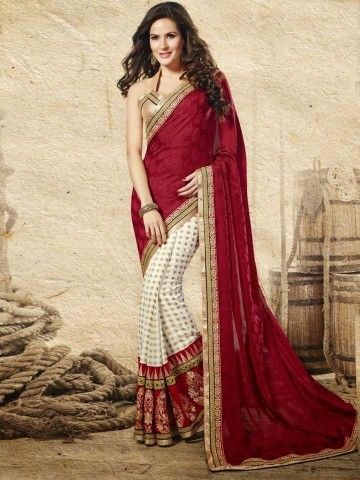 Maroon White Beige Embroidered Saree