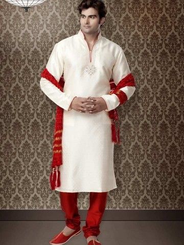 White Red Brocade Kurta Pajama