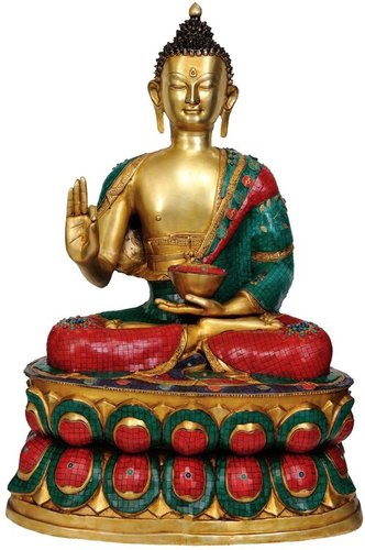 Large Size Buddha in the Vitarka Mudra - Brass Statue with Inlay