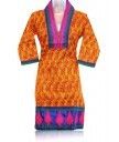 Full Neck Patch Work Orange Color Printed Kurti For Women