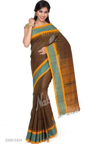हरी और पीली कांचीपुरम कॉटन साड़ी