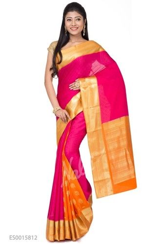 Pink And Orange Mysore Crepe Silk Saree