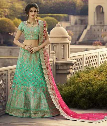 Sea Green Dupion Silk Lehenga Choli With Net Dupatta