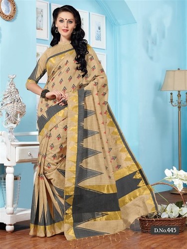 Handwoven Beige Grey Fancy Cotton Printed Saree With Blouse Fabric