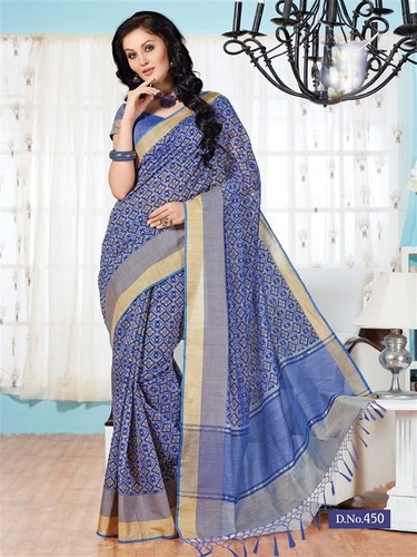 Handwoven Blue Fancy Cotton Printed Saree With Blouse Fabric