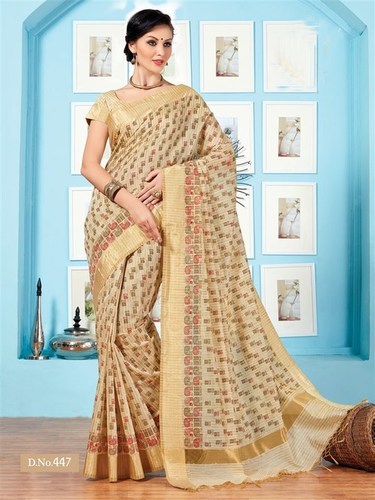 Handwoven Cream Fancy Cotton Printed Saree With Blouse Fabric