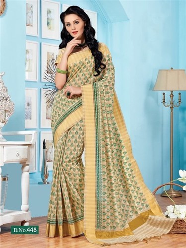 Handwoven Cream Green Fancy Cotton Printed Saree With Blouse Fabric