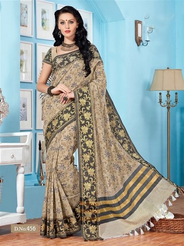 Cream Grey Fancy Cotton Printed Saree With Blouse Fabric