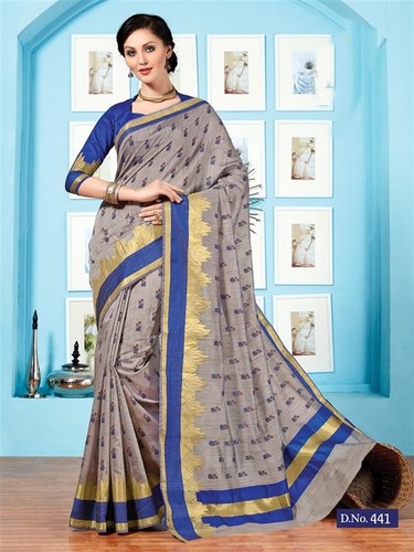 Grey Blue Fancy Cotton Printed Saree With Blouse Fabric