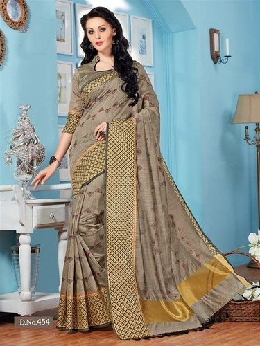 Handwoven Grey Fancy Cotton Printed Saree With Blouse Fabric