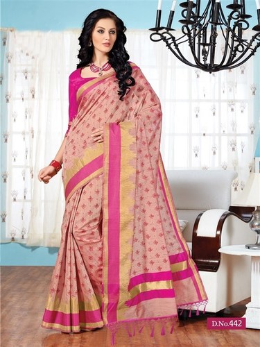 Handwoven Pink Fancy Cotton Printed Saree With Blouse