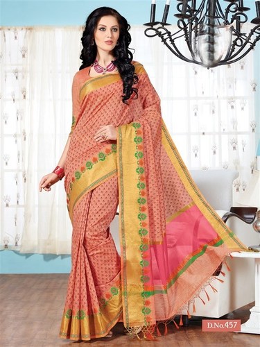 Pink Yellow Fancy Cotton Printed Saree With Blouse Fabric