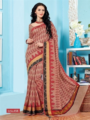 Handwoven Red Fancy Cotton Printed Saree With Blouse Fabric