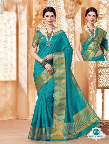 Printed Blue Tussar Silk Zari Border Saree With Blouse Fabric