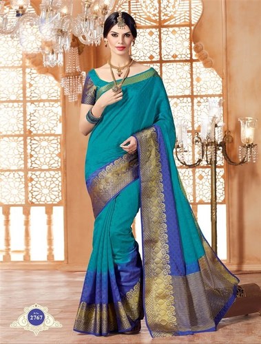 Printed Blue Tussar Silk Zari Border Sarees With Blouse Fabric