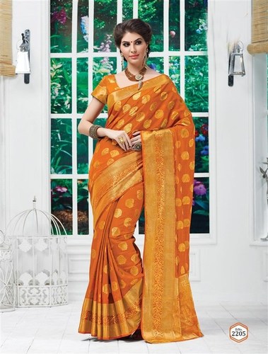 Dark Orange Tussar Silk Self Print Saree With Blouse Fabric Age Group: Infants