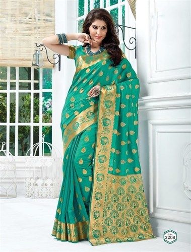 Designer Green Tussar Silk Self Print Saree With Blouse