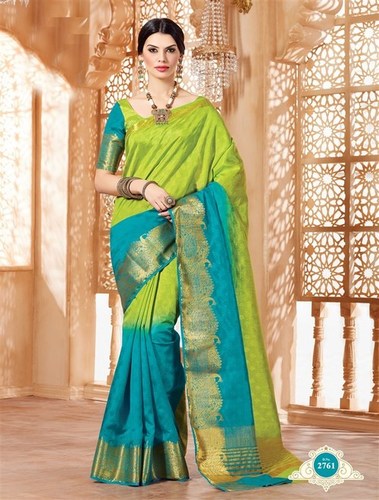 Printed Green Blue Tussar Silk Zari Border Saree With Blouse Fabric