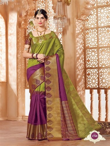 Printed Green Purple Tussar Silk Zari Border Saree With Blouse Fabric