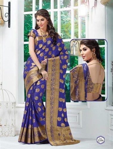 Navy Blue Tussar Silk Self Print Saree With Blouse Fabric