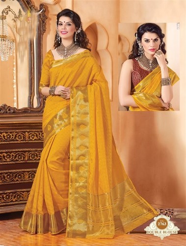 Printed Orange Tussar Silk Zari Border Saree With Blouse Fabric