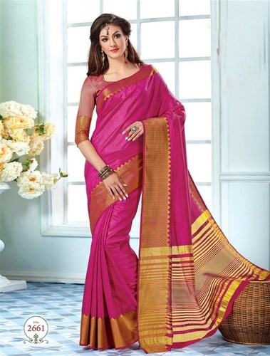 Pink Gold Tussar Silk Self Print Saree With Matching Blouse