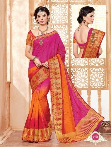 Printed Pink Orange Tussar Silk Zari Border Saree With Blouse Fabric