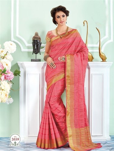 Pink Tussar Silk Self Print Saree With Matching Blouse Fabric