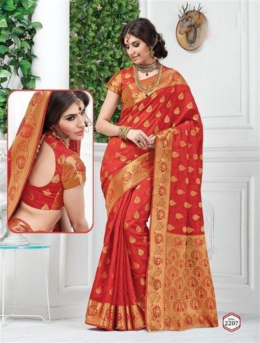 Premium Red Tussar Silk Self Print Saree With Blouse Fabric