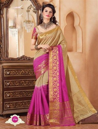 Printed Beige Pink Tussar Silk Zari Border Saree With Blouse Fabric