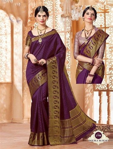 Printed Purple Tussar Silk Zari Border Saree With Blouse Fabric