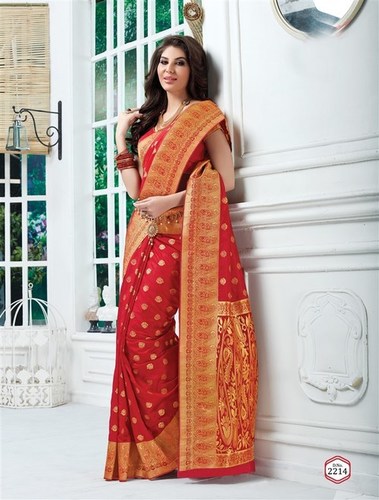 Red Tussar Silk Self Print Saree With Blouse Fabric