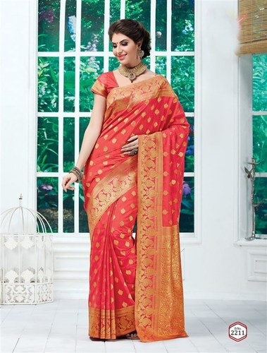 Tomato Red Tussar Silk Self Print Saree With Blouse Fabric