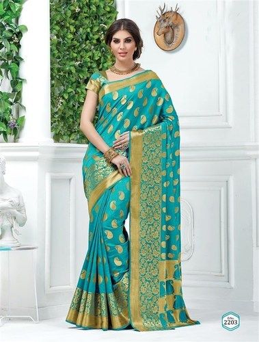 Green Torquoise Tussar Silk Self Print Saree With Blouse Fabric