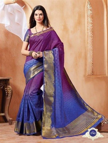 Printed Purple Blue Tussar Silk Zari Border Saree With Blouse Fabric