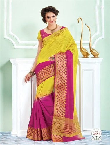 Yellow Pink Tussar Silk Self Print Saree With Matching Blouse