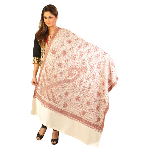 White With Maroon Embroidery Women S Kashmiri Hand Embroidered Semi-Cashmere Pashmina Shawl Wrap