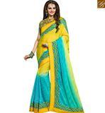 Appealing Yellow and Sky Blue Crepe Shaded Designer Saree