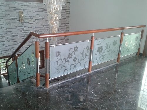 Blue And Whote Wooden Steel Glass Railing