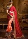 Peach And Red Fancy Fabric Half N Half Trendy Saree