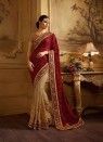 Pure Georgette Beige And Maroon Half N Half Trendy Saree