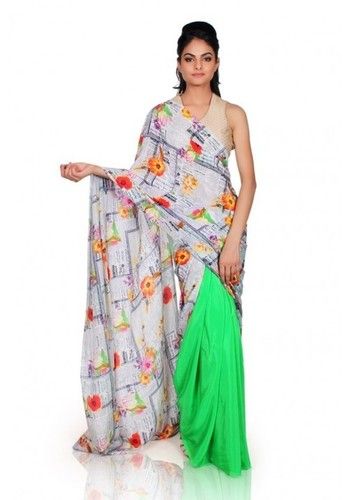 Spring Half Plain Green Half Printed Crepe Saree